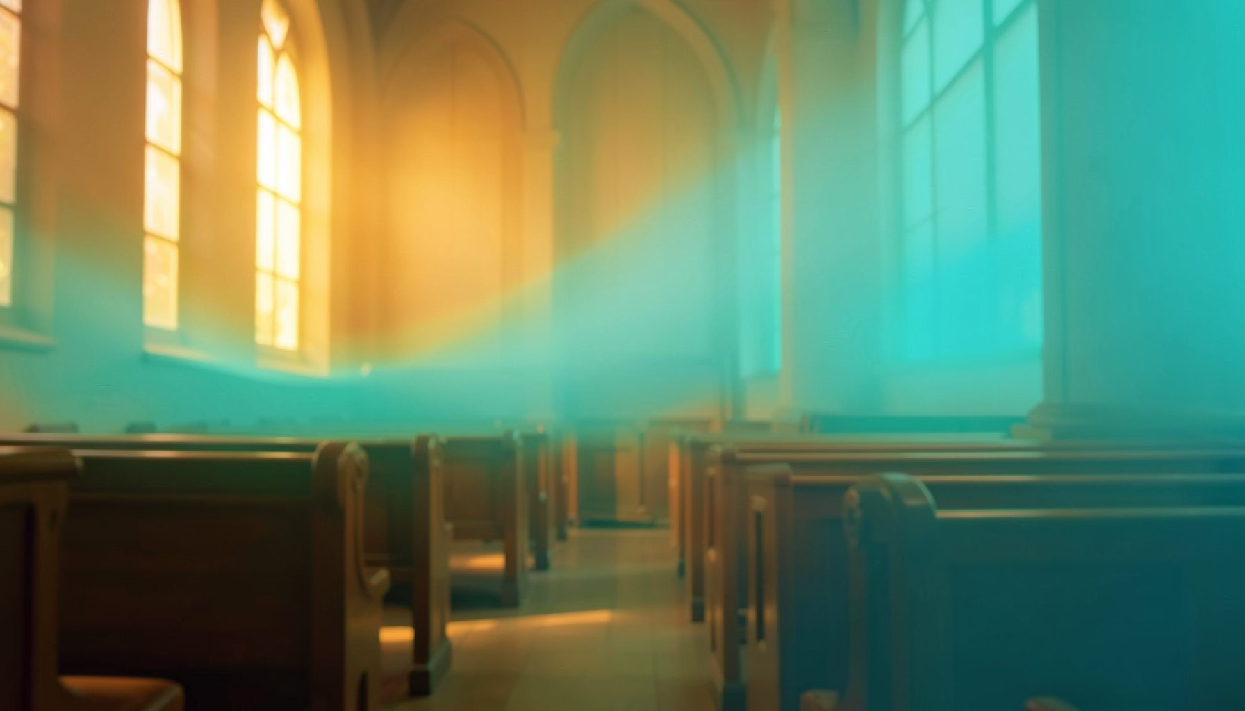 A warm, sunlit church interior with wooden pews and soft amber light filtering through tall windows, conveying quiet reverence and community
