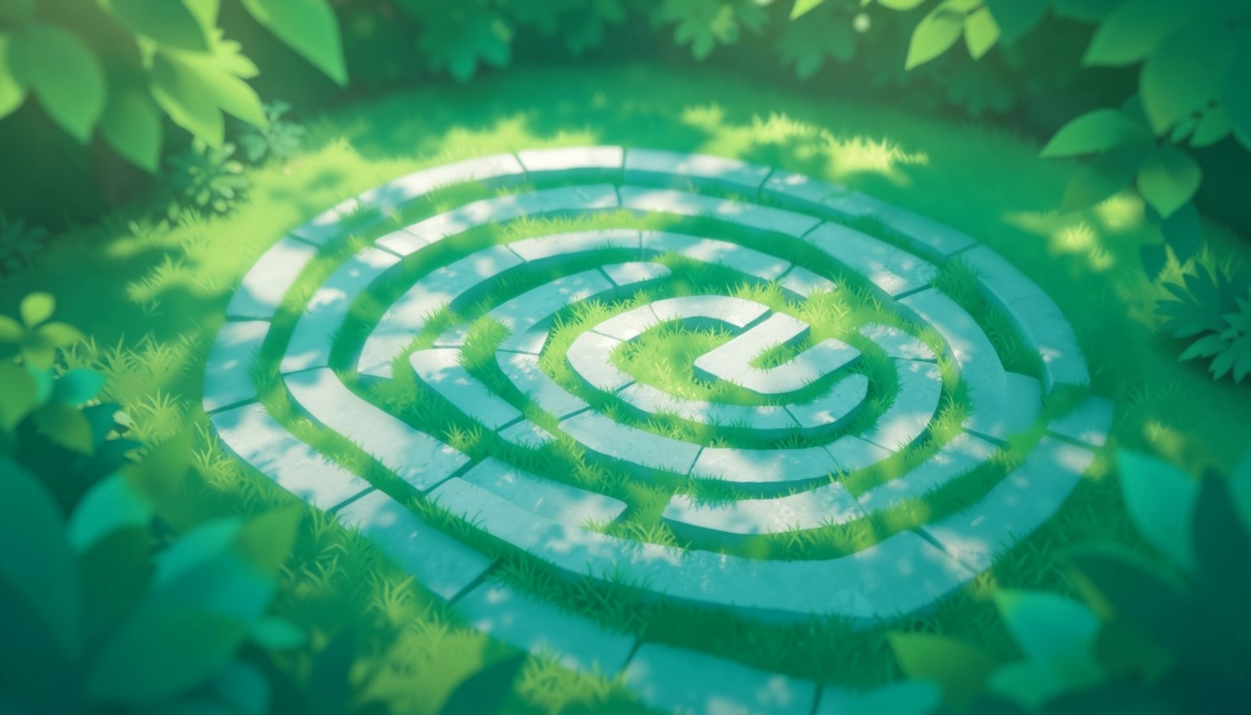 A winding stone labyrinth path set into a grassy garden, dappled with morning sunlight and framed by soft green foliage.