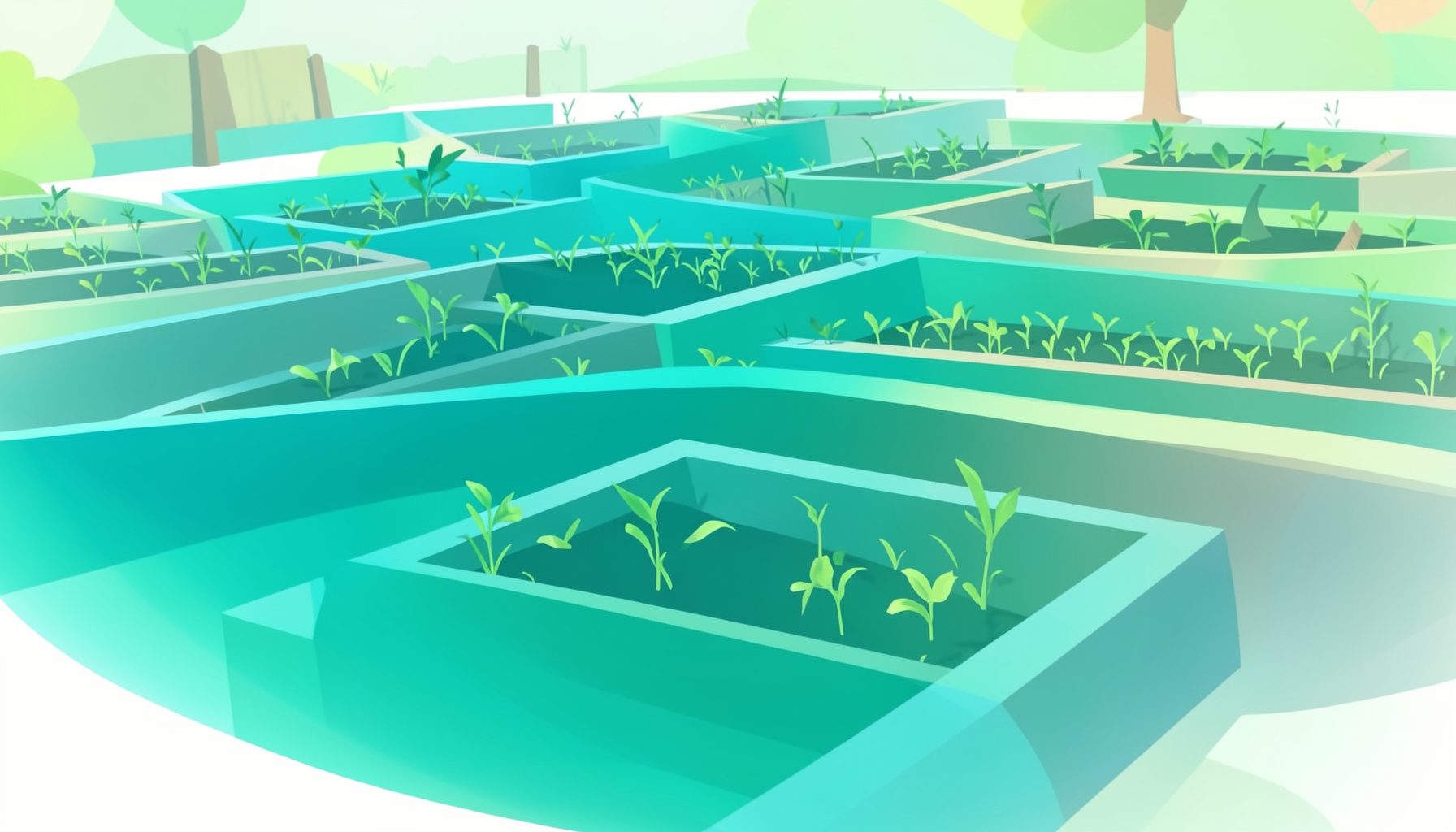 Rows of raised garden beds in a sunny community garden with green sprouts, conveying growth and shared purpose